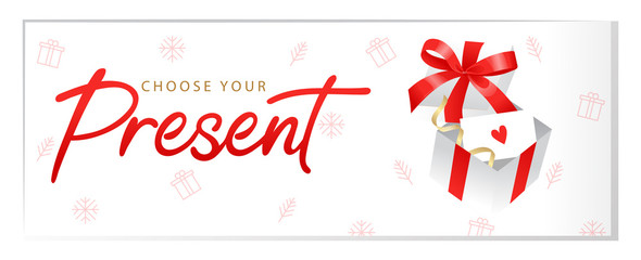 Luxury gift voucher template with Choose your Present sing, red ribbon on the gift box, snowflakes and place for text. Template for holiday gift card, coupon and certificate. Flat Vector illustration