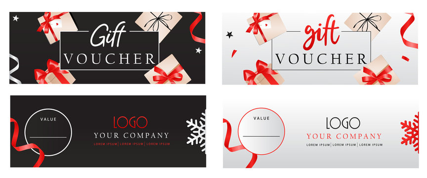 Set of luxury gift vouchers templates with bows, gift boxes and place for text and logo. Elegant template for holiday gift card, coupon and certificate. Flat style. Vector illustration