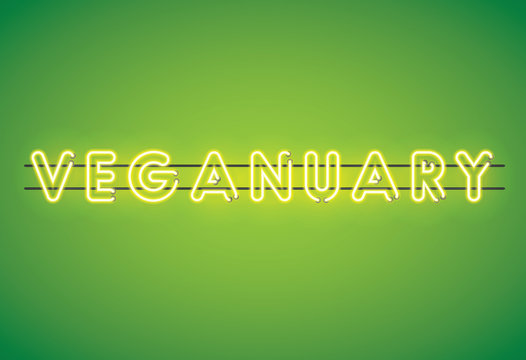Veganuary neon florescent vegan message on a green background