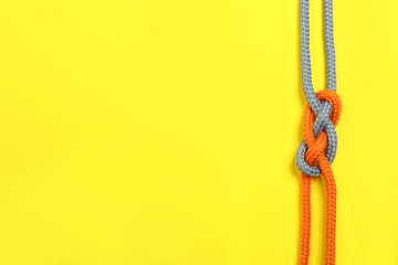 Top view of colorful ropes tied together on yellow background, space for text. Unity concept