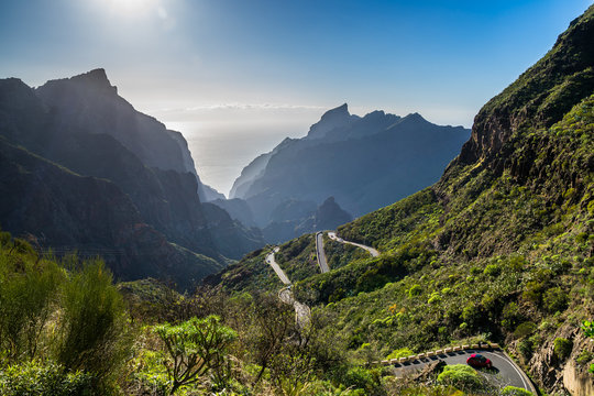 Spain, Tenerife, Twisting adventurous mountain road alongside green mountains covered by cactus and aloe vera leading down masca canyon to mountain village