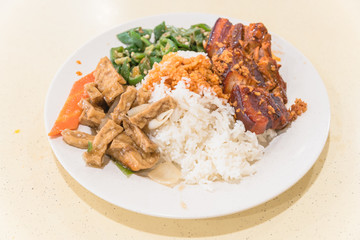 Traditional Chinese braised streaky belly pork, tofu and stir fry vegetables