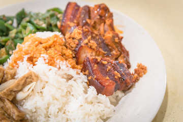 Top view traditional Chinese braised streaky belly pork, tofu and stir fry vegetables