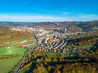 Vsetin - panorama of the town in Beskydy from the top.