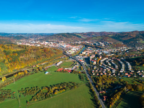 Vsetin - panorama of the town in Beskydy from the top.
