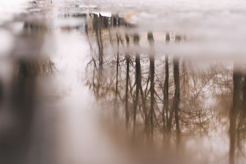 Vile wet weather on the streets of the city. Wet asphalt from melting snow