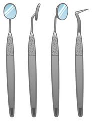 Metal dentist tools set on white background