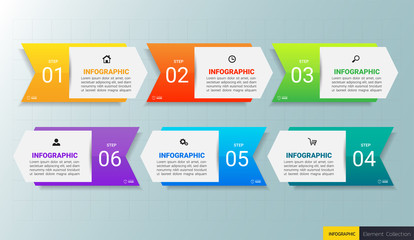 Infographics design template, Business concept with 6 steps or options, can be used for workflow layout, diagram, annual report, web design. Creative banner, label vector. - obrazy, fototapety, plakaty