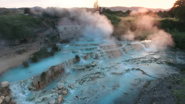 Saturnia whaterfalls, bhats pool, drone landscape 4k from tuscany, italy