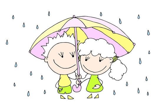 Valentine's Day. Cute hand drawn Boy and Girl under the umbrella isolated on a hearts background. Vector illustration.	