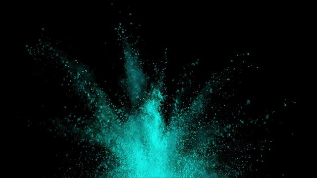 Realistic blue explosion on black background. Slow motion movement with quick acceleration and fall