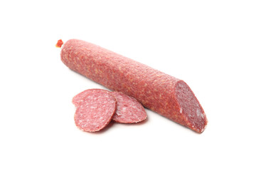 Delicious sausage stick and slices isolated on white background