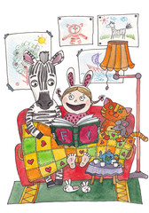 girl, Zebra and cat reading a book, watercolor illustration girl reading fairy tales to animals