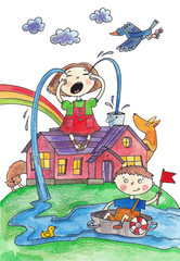 watercolor illustration with children, a girl crying heavily, a boy swimming in the river, a fantasy drawing about a brother and sister