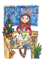 watercolor illustration with a girl who draws, girl artist at the window, on the street winter