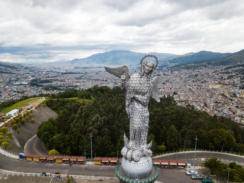 Beautiful view of Virgen del Panecillo statue on top of a hill in the historical center of Quito Ecuador
