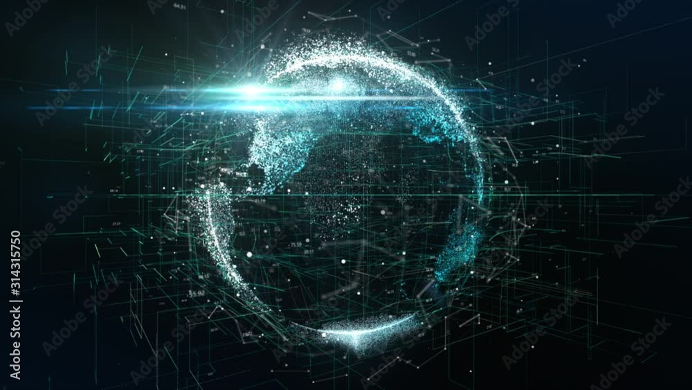 Wall mural digital data globe - abstract 3d rendering animation with blur of technology data network surroundin