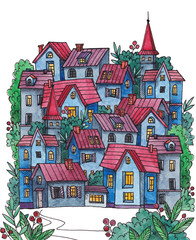 Naklejka premium watercolor illustration with houses, many buildings in the town