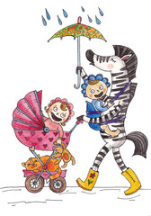 watercolor illustration with babies, Zebra nursing small children
