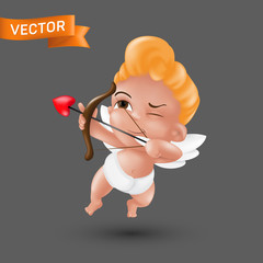 Little baby cupid angel in a diaper with a bow and arrow heart-shaped tip. Flying Amur mascot to Happy Saint Valentine's day graphic design. Funny vector character illustration on a dark background