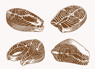 Graphical vintage sketch of salmon slices , vector illustration