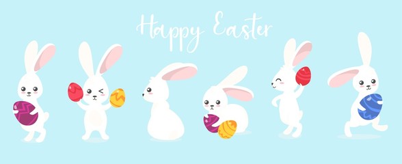 Obraz na płótnie Canvas Happy easter greeting card with cure rabbits vector illustration. Template with white fluffy bunnies in different poses with colourful treat eggs cartoon design. Holiday and spring concept