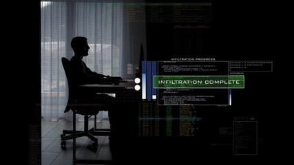 Male hacker gain digital access on the internet - Digital overlay Infiltration complete - Powered by Adobe