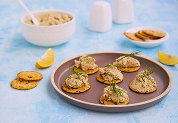 Appetizer, fish pate of mackerel, boiled eggs and onions on savory crackers on a brown plate on a blue concrete background. Fish recipes.