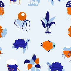 seamless pattern design with colorful jellyfishes and flowers