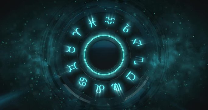 Rotating zodiac circle with glowing signs with night starry sky. Horoscope background 4k seamless loop animation.
