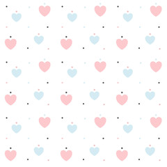 Seamless pink and blue heart  with blue, pink and gray polka dot isolated on white background, vector illustration