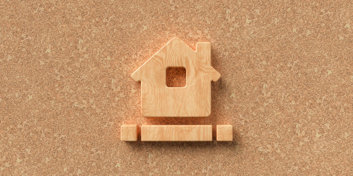 3D rendered house symbol on cork background with blocks for own message
