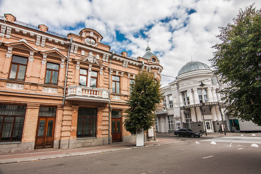 Street with old brick buildings in Kropyvnytskyi, Ukraine
