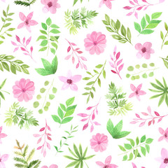 Seamless pattern with pink flowers and leaves