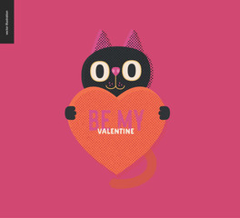 Cat holding a heart - Valentines day graphics. Modern flat vector concept illustration - a cute black cat holding a heart, a character in love concept. Be my Valentine caption