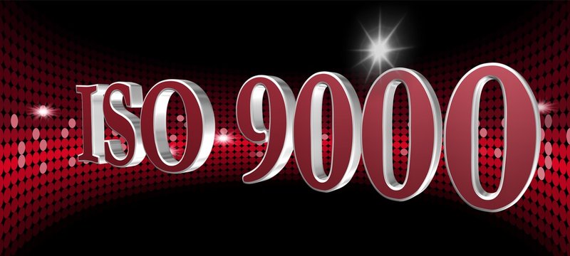 ISO 9000 - Metal Word in Red Brilliant Disko Background - Concept Sparkling Illustration - 3D rendering