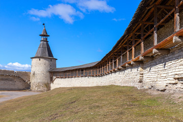 Fototapeta na wymiar Panorama of the medieval fortress and Holy Trinity Cathedral. There is a Sunny day in early spring. Pskov, Russia.