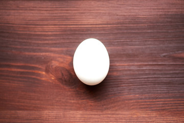 One white egg on a dark wooden background.