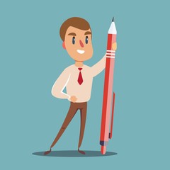 Happy businessman holding a pencil. Stock flat vector illustration.
