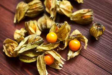 Edible physalis berries on a dark brown wooden background.