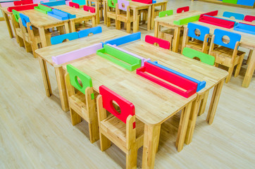 Desks and chairs in the kindergarten classroom.
