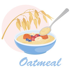 Plate of oatmeal with fruits and berries and spoon with porridge. Stock vector illustration. Healthy food design. Oat and oatmeal icon.