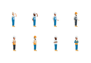 Fototapeta premium Isolated builder men with yellow and white helmet set vector design