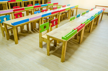 Desks and chairs in the kindergarten classroom.