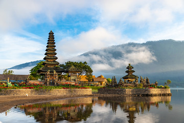 Pura Ulun Danu Bratan, Hindu temple on Bratan lake morning landscape, one of famous tourist attraction in Bali, Indonesia