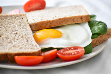 Fototapeta na wymiar Sandwich with egg, spinach and tomato on a plate. Selective focus.