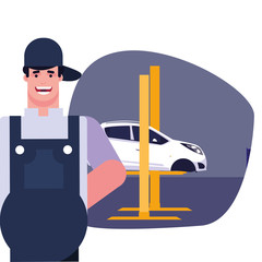 Repairman and car with overol in garage vector design