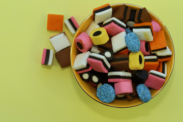 Colorful licorice candy in a bowl.