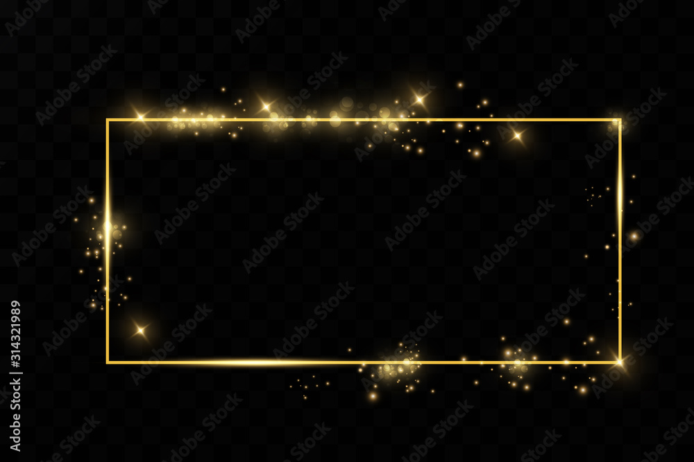 Poster golden frame with lights effects. shining rectangle banner. isolated on black transparent background