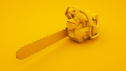 Fototapeta na wymiar Chainsaw on yellow background. Minimal idea concept, 3d illustration